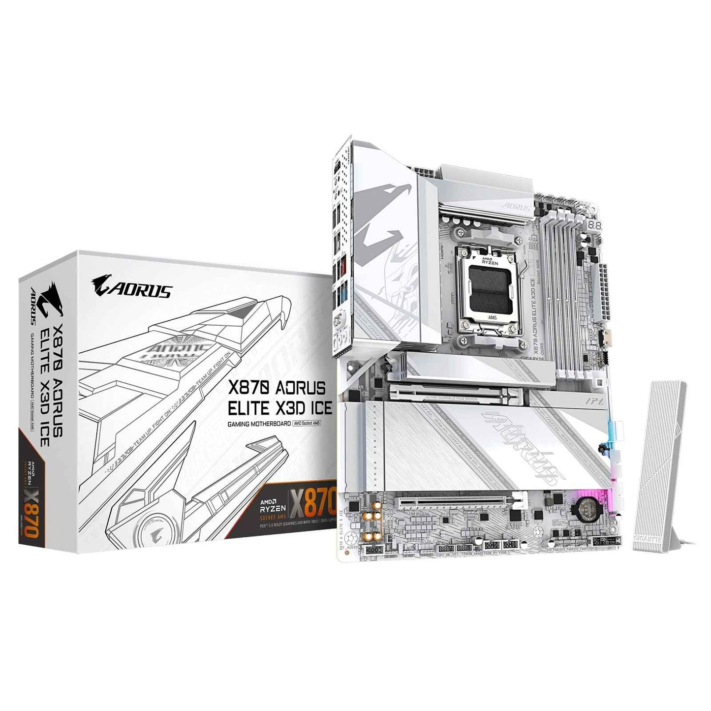 Gigabyte X870 AORUS ELITE X3D ICE AMD AM5 Socket Motherboard, ATX, 4x DDR5 Slots, 4x M.2 Socket, 5GbE LAN, Wi-Fi 7, 1x HDMI Port / 2x USB-C (USB4)