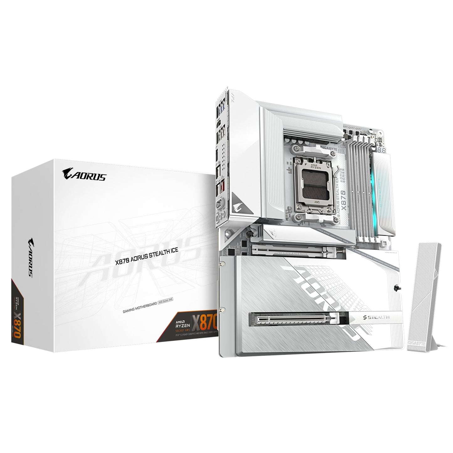 Gigabyte, Gigabyte X870 AORUS STEALTH ICE AMD AM5 Socket Motherboard, ATX, 4x DDR5 Slots, 4x M.2 Socket, 5GbE LAN, WiFi 7, 1x HDMI Port / 2x USB-C (USB4), AMD X870