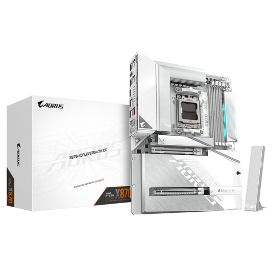 Gigabyte, Gigabyte X870 AORUS STEALTH ICE AMD AM5 Socket Motherboard, ATX, 4x DDR5 Slots, 4x M.2 Socket, 5GbE LAN, WiFi 7, 1x HDMI Port / 2x USB-C (USB4), AMD X870