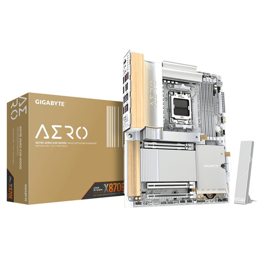 Gigabyte X870E AERO X3D WOOD AMD AM5 Socket Motherboard, ATX, 4x DDR5 Slots, 4x M.2 Sockets, Fitted I/O Shield, 2x 5GbE LAN, Wi-Fi 7, 1x HDMI Port / 2x USB-C (USB4)