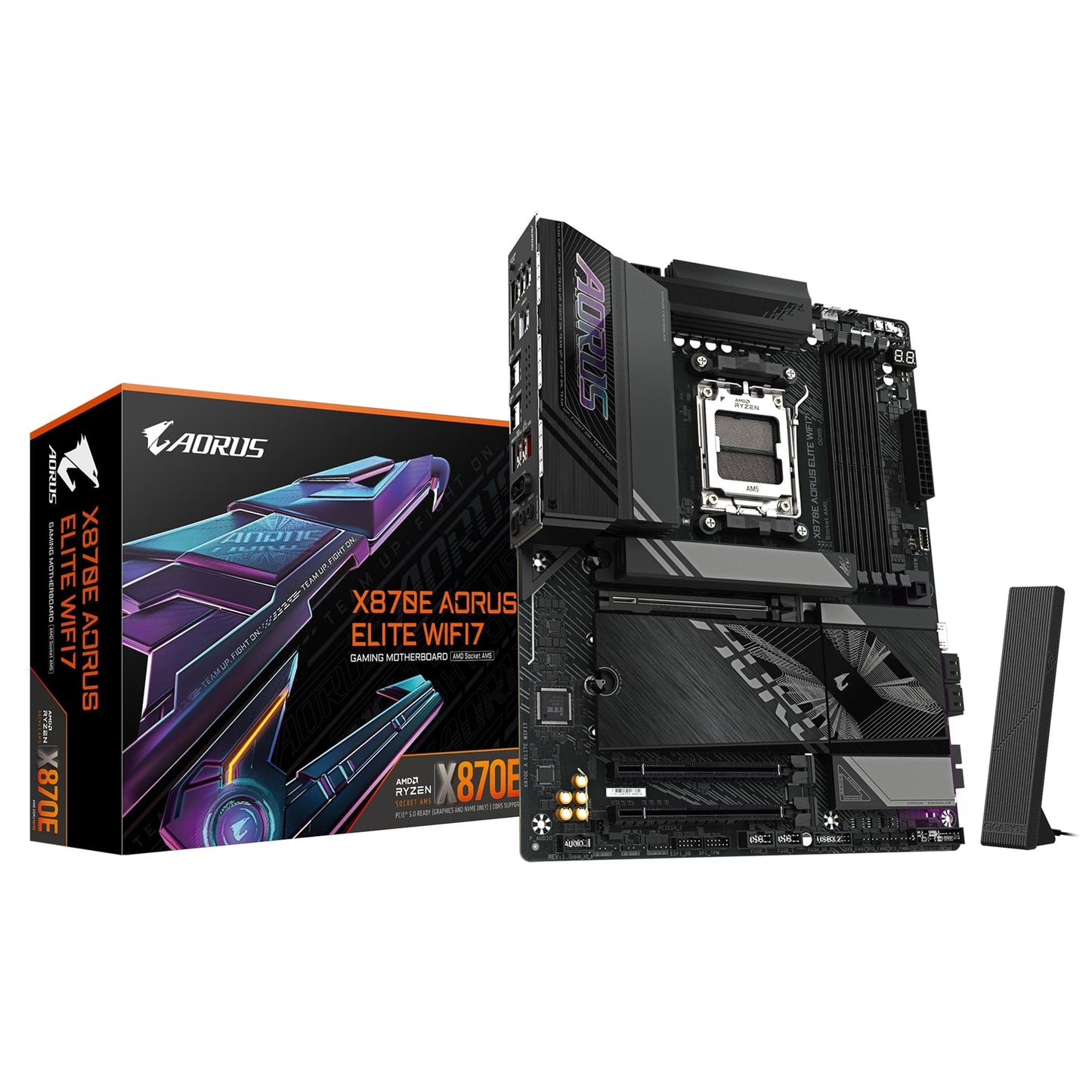 Gigabyte X870E AORUS ELITE WIFI7 AMD AM5 Socket Motherboard, ATX, 4x DDR5 Slots, 4x M.2 Sockets, 3x USB-C Port, Fitted I/O Shield, 2.5GbE LAN, Wi-Fi 7, 1x HDMI Port / 2x USB-C (USB4) - PC Gear UK
