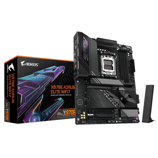 Gigabyte X870E AORUS ELITE WIFI7 AMD AM5 Socket Motherboard, ATX, 4x DDR5 Slots, 4x M.2 Sockets, 3x USB-C Port, Fitted I/O Shield, 2.5GbE LAN, Wi-Fi 7, 1x HDMI Port / 2x USB-C (USB4) - PC Gear UK