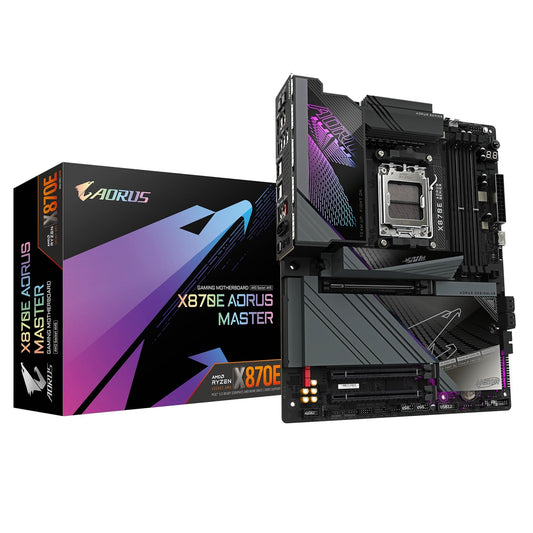 Gigabyte X870E AORUS MASTER AMD AM5 Socket Motherboard, ATX, 4x DDR5 Slots, 4x M.2 Sockets, 3x USB-C Port, Fitted I/O Shield, 5GbE LAN, Wi-Fi 7, 2x HDMI Port / 2x USB-C (USB4) - PC Gear UK