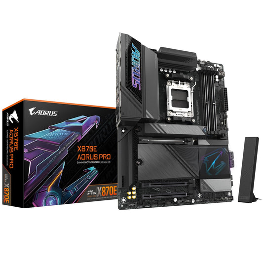 Gigabyte X870E AORUS PRO AMD AM5 Socket Motherboard, ATX, 4x DDR5 Slots, 4x M.2 Sockets, 3x USB-C Port, Fitted I/O Shield, 2.5GbE LAN, Wi-Fi 7, 2x HDMI Port / 2x USB-C (USB4) - PC Gear UK