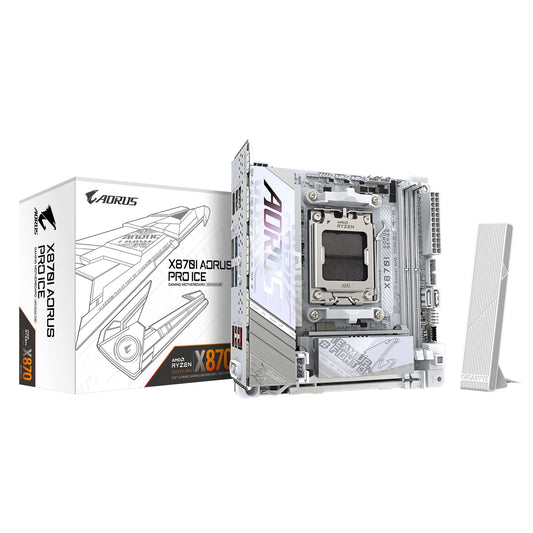 Gigabyte X870I AORUS PRO ICE AMD AM5 Socket Motherboard, Mini-ITX, 2x DDR5 Slots, 2x M.2 Sockets, 3x USB-C Port, Fitted I/O Shield, 2.5GbE LAN, Wi-Fi 7, 1x HDMI Port / 1x USB-C (USB4) - PC Gear UK