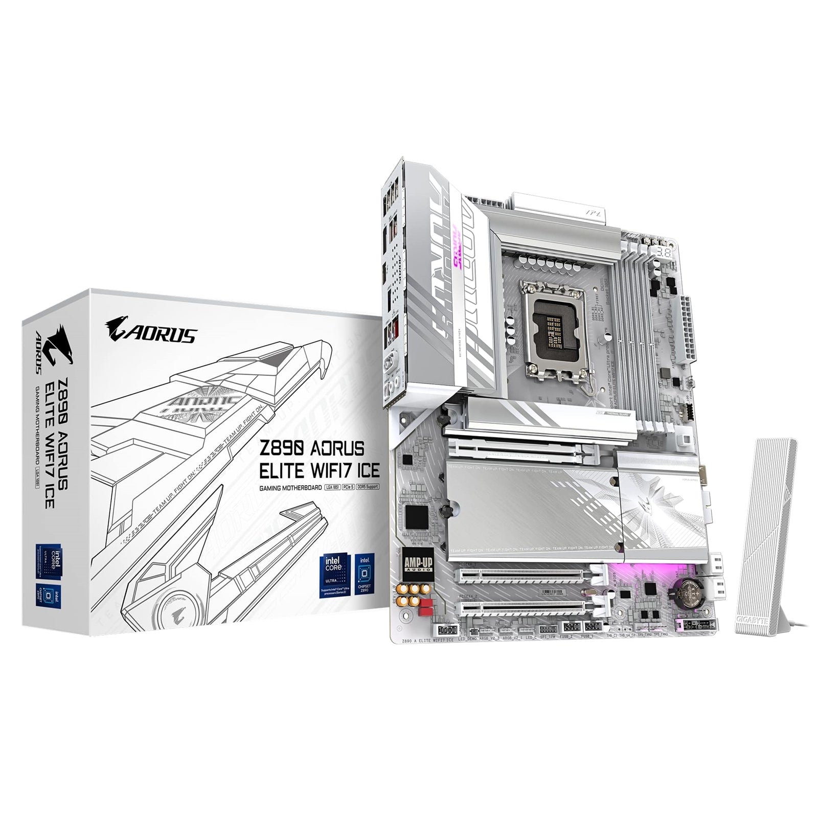 Gigabyte Z890 AORUS ELITE WIFI7 ICE Intel 1851 Socket Motherboard, ATX, 4x DDR5 Slots, 4x M.2 Sockets, 2x USB-C Port, Fitted I/O Shield, 2.5GbE LAN, Wi-Fi 7, 1x DisplayPort / 1x HDMI / 1x USB-C (USB4) - PC Gear UK