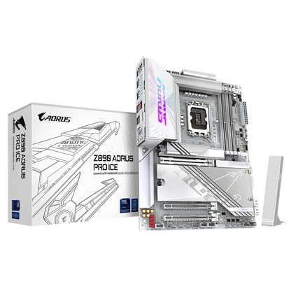 GIGABYTE, GIGABYTE Z890 AORUS PRO ICE Intel LGA1851 ATX Motherboard, 4x DDR5, 5x M.2, PCIe 5.0, Wi-Fi 7, 5GbE LAN, - Intel® Z890 Express Chipset, ATX Form Factor; 30.5cm x 24.4cm