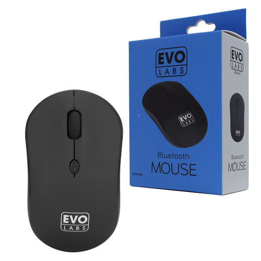 Evo Labs BTM-001 Bluetooth Mouse, 800 DPI Optical Tracking, Full Size, 3 Button with Scroll Wheel, Ambidextrous Design, Matte Black - PC Gear UK