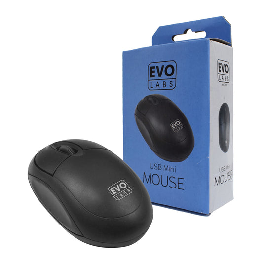 Evo Labs MO-001 Wired USB Mini Plug and Play Mouse, 800 DPI Optical Tracking, 3 Button with Scroll Wheel,  Ambidextrous Design for PC / Mac / Laptop, Matte Black - PC Gear UK