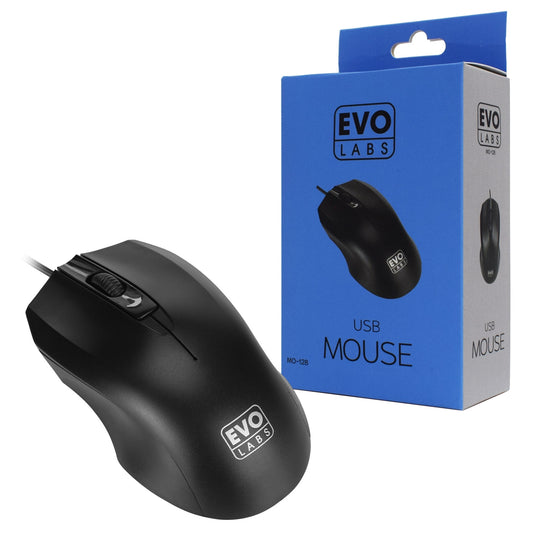 Evo Labs MO-128 Wired USB Plug and Play Mouse, 800 DPI Optical Tracking, 3 Button with Scroll Wheel,  Ambidextrous Design, Matte Black - PC Gear UK
