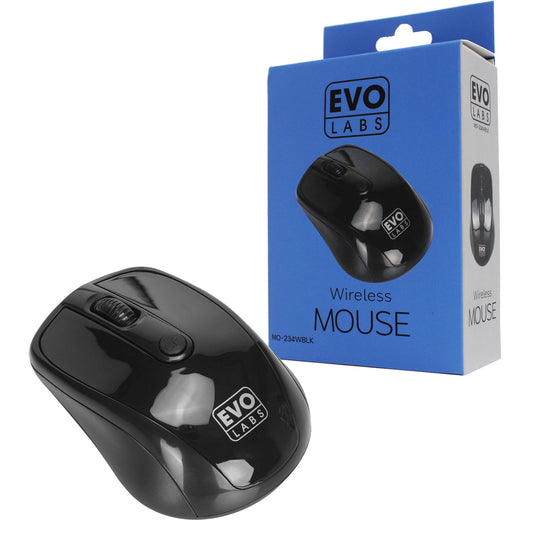 Evo Labs MO-234WBLK Wireless Mouse, 2.4GHz with USB Mini Receiver, 800 DPI Optical Tracking, Ambidextrous Design for PC / Mac / Laptop, Gloss Black - PC Gear UK