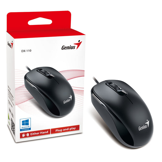 Genius DX-110 Wired USB Plug and Play Mouse, 1000 DPI Optical Tracking, 3 Button with Scroll Wheel, Ambidextrous Design with 1.5m Cable, Black - PC Gear UK