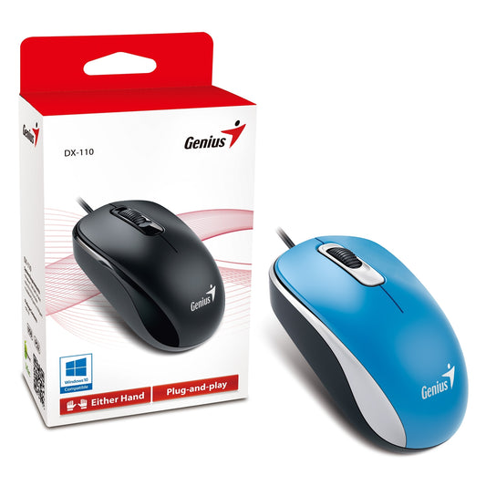 Genius DX-110 Wired USB Plug and Play Mouse, 1000 DPI Optical Tracking, 3 Button with Scroll Wheel, Ambidextrous Design with 1.5m Cable, Blue - PC Gear UK