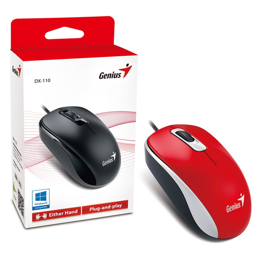 Genius DX-110 Wired USB Plug and Play Mouse, 1000 DPI Optical Tracking, 3 Button with Scroll Wheel, Ambidextrous Design with 1.5m Cable, Red - PC Gear UK