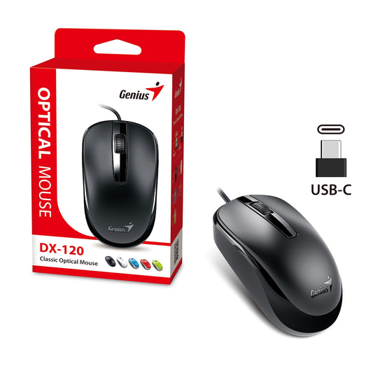 Genius DX-120 Wired USB Type-C Plug and Play Mouse, 1200 DPI Optical Tracking, 3 Button with Scroll Wheel, Ambidextrous Design with 1.5m Cable, Black - PC Gear UK