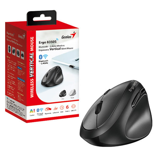Genius Ergo 8350S Wireless Ergonomic Vertical Mouse, Blutooth & 2.4 GHz, Adjustable DPI levels up to 2400 DPI, 5 Button with Scroll Wheel, Dark Grey - PC Gear UK