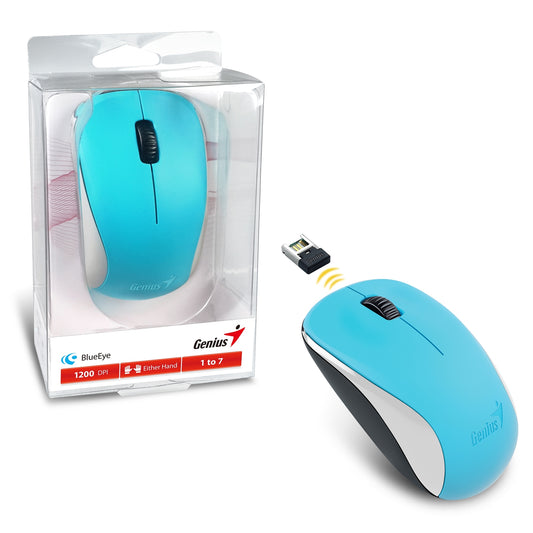 Genius NX-7000 Wireless Mouse, 2.4 GHz with USB Pico Receiver, Adjustable DPI levels up to 1200 DPI, 3 Button with Scroll Wheel, Ambidextrous Design, Blue - PC Gear UK
