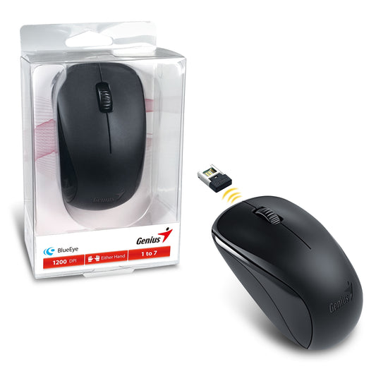 Genius NX-7000 Wireless Mouse, 2.4 GHz with USB Pico Receiver, Adjustable DPI levels up to 1200 DPI, 3 Button with Scroll Wheel, Ambidextrous Design, Black - PC Gear UK