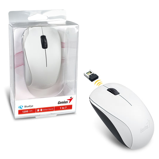 Genius NX-7000 Wireless Mouse, 2.4 GHz with USB Pico Receiver, Adjustable DPI levels up to 1200 DPI, 3 Button with Scroll Wheel, Ambidextrous Design, White - PC Gear UK