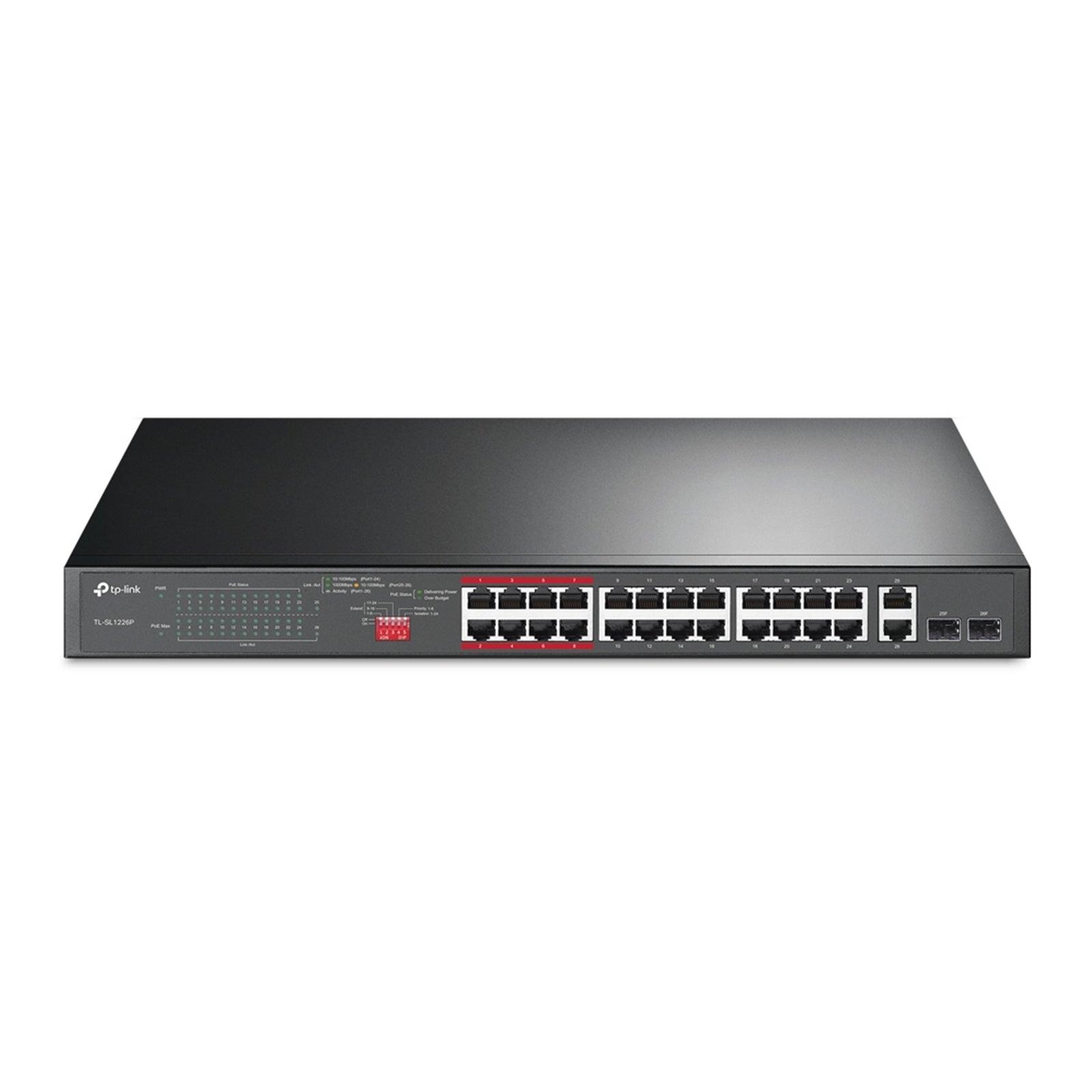 TP-Link TL-SL1226P 24-Port Metal 10/100Mbps + 2-Port Gigabit Unmanaged PoE+ Switch (250W) - PC Gear UK