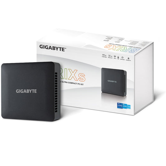 Gigabyte BRIX (GB-BRI5H-1335) Barebone Kit, Intel Core i5-1335U 4.6GHz 10 Core CPU, 2 x DDR4 SO-DIMM Slots, 1 x M.2 2280 Slot, 1x 2.5" SATA Slot Wi-Fi 6 & Bluetooth 5.2 - PC Gear UK