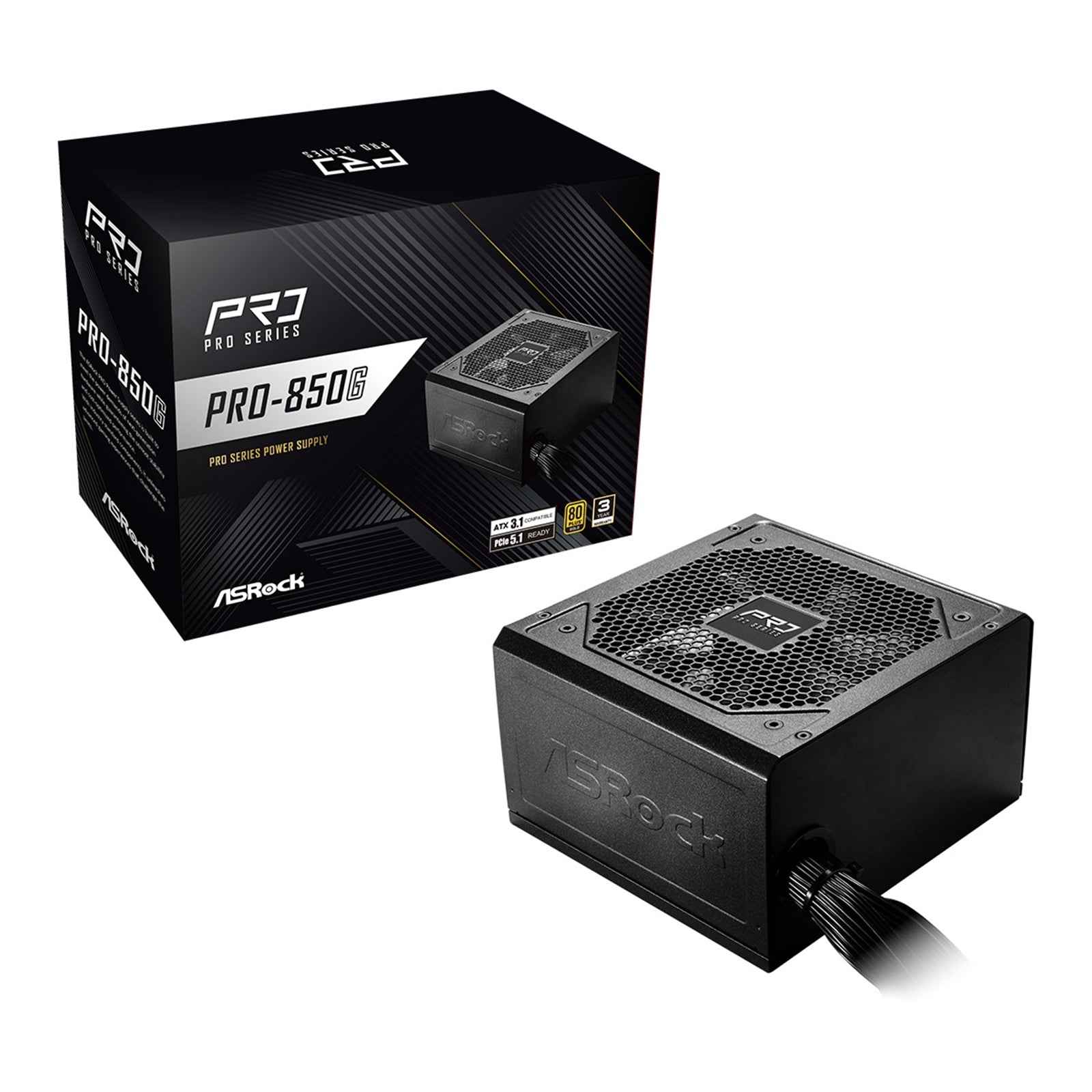 ASRock PRO-850G 850W ATX Power Supply Unit, 80 Plus Gold Certified, 120mm Silent Cooling Fan, High Efficiency PSU