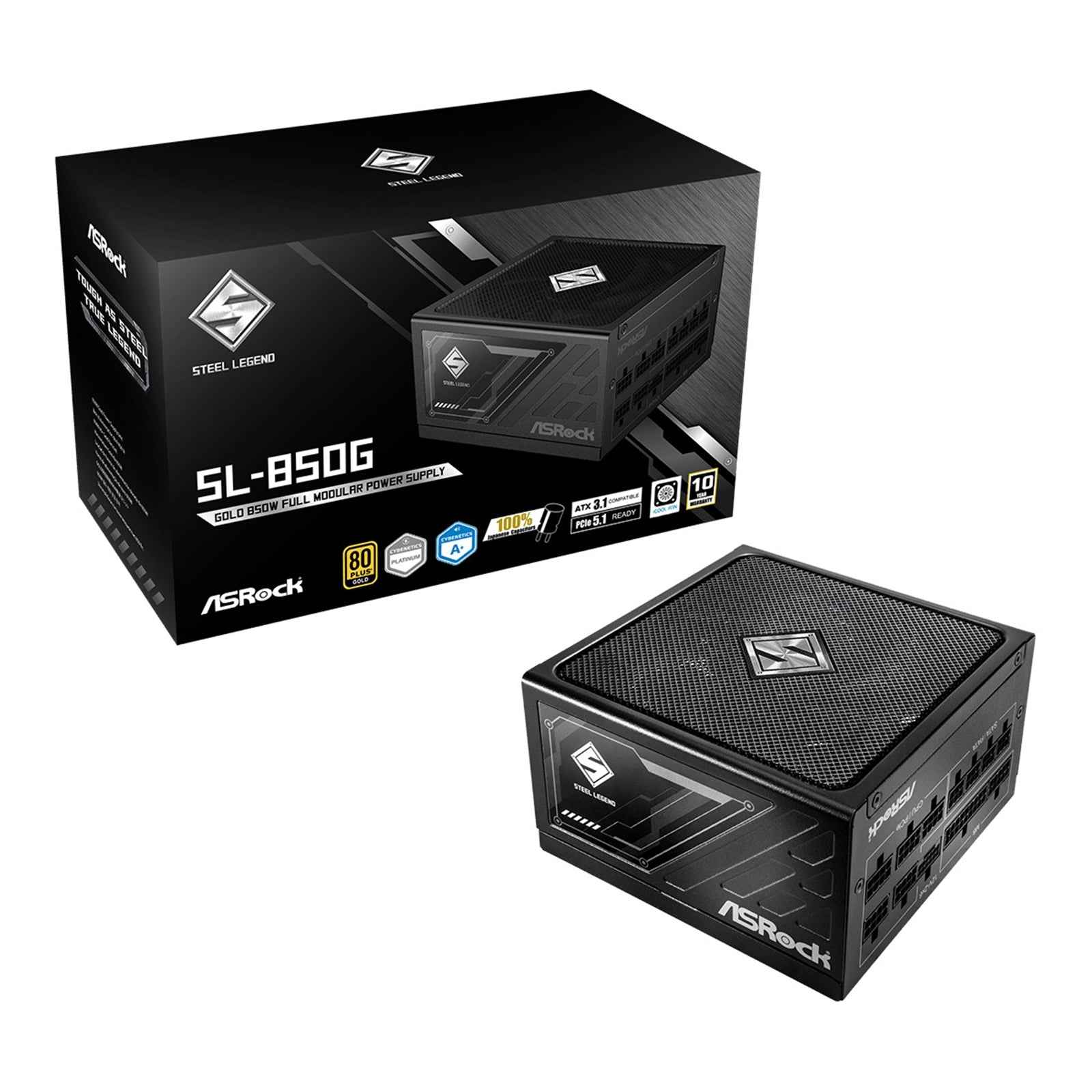 ASRock Steel Legend SL-850G 850W ATX Power Supply Unit, 80 Plus Gold Certified, 120mm Silent Cooling Fan, High Efficiency PSU