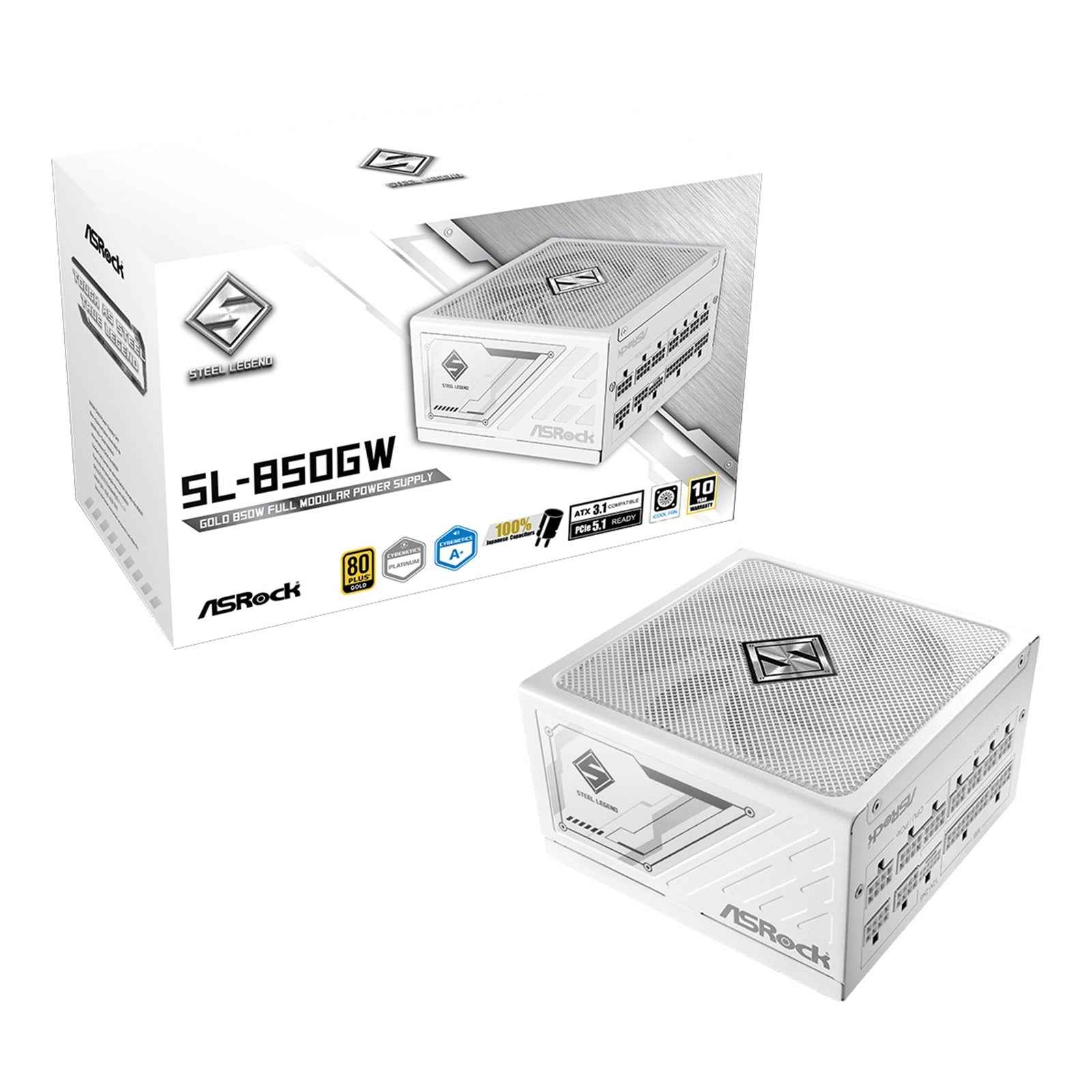 ASRock Steel Legend SL-850G 850W ATX Power Supply Unit, 80 Plus Gold Certified, 120mm Silent Cooling Fan, High Efficiency PSU