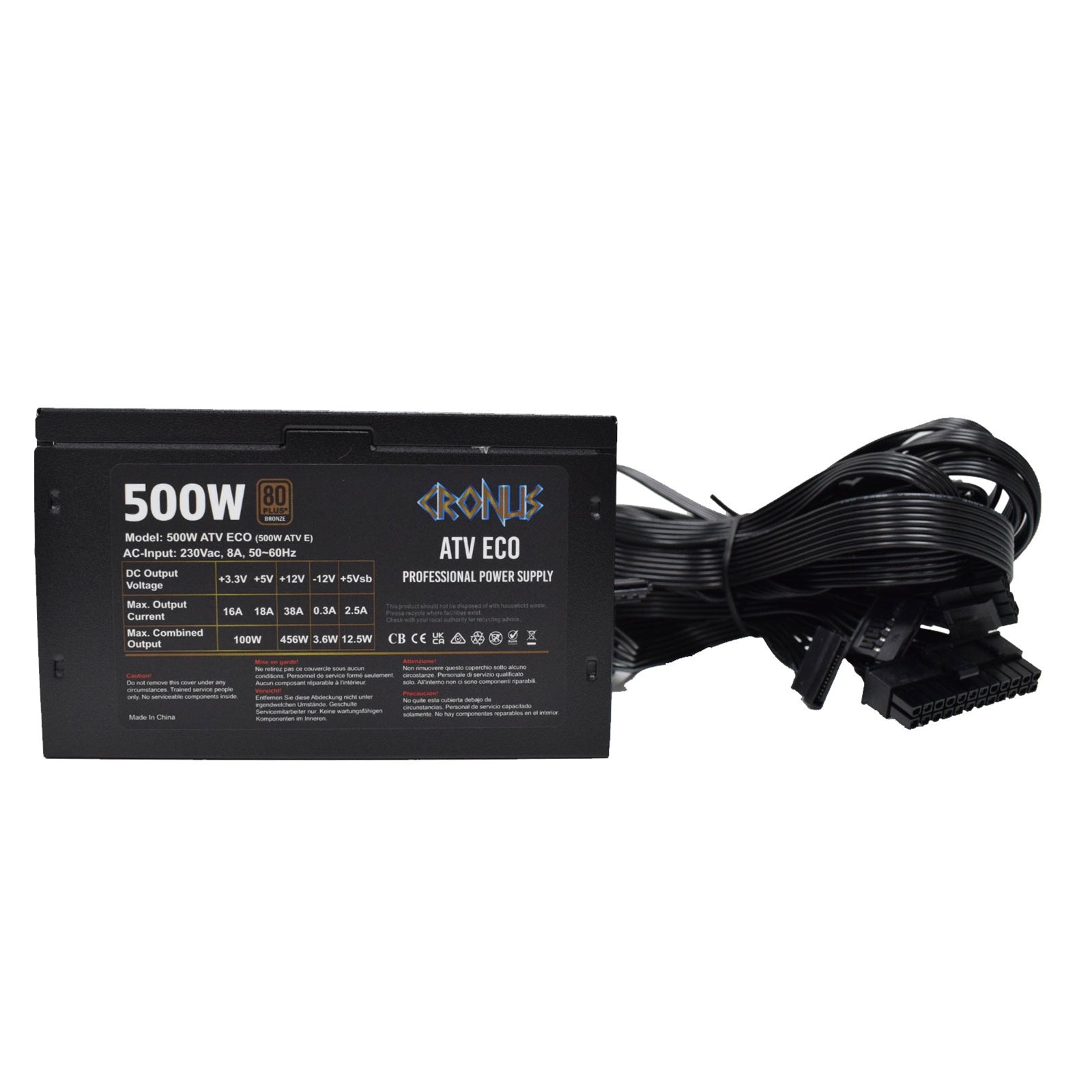 CRONUS 500W ATV ECO PSU, 120mm Silent Cooling Fan, 80 PLUS Bronze, Non Modular, Flat Black Cables, White Box - PC Gear UK