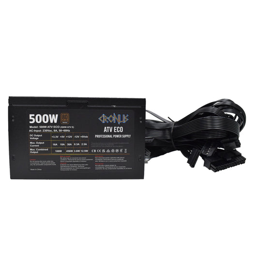 CRONUS 500W ATV ECO PSU, 120mm Silent Cooling Fan, 80 PLUS Bronze, Non Modular, Flat Black Cables, White Box - PC Gear UK