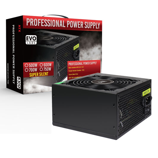 EVO LABS BR600-12BL 600W PSU,120mm Black Silent Fan with Improved Ventilation, Non Modular, High-Efficiency, PFC Certified, CE Compliant, Retail Packaged - PC Gear UK