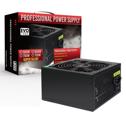 EVO LABS BR750-12BL 750W PSU,120mm Black Silent Fan with Improved Ventilation, Non Modular, High-Efficiency, PFC Certified, CE Compliant, Retail Packaged - PC Gear UK