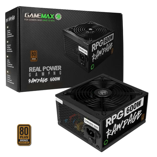 GAMEMAX RPG Rampage 600W PSU, 140mm Ultra Silent Fan, 80 PLUS Bronze, Non Modular, Flat Black Cables, Japanese TK Main Capacitor Fitted - PC Gear UK