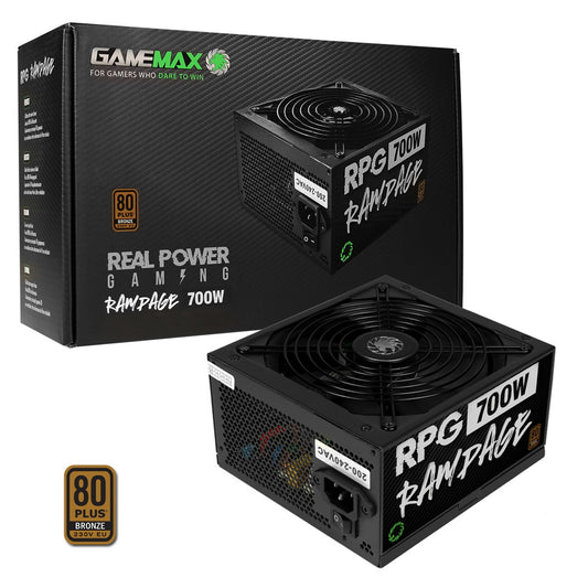 GAMEMAX RPG Rampage 700W PSU, 140mm Ultra Silent Fan, 80 PLUS Bronze, Non Modular, Flat Black Cables, Japanese TK Main Capacitor Fitted - PC Gear UK