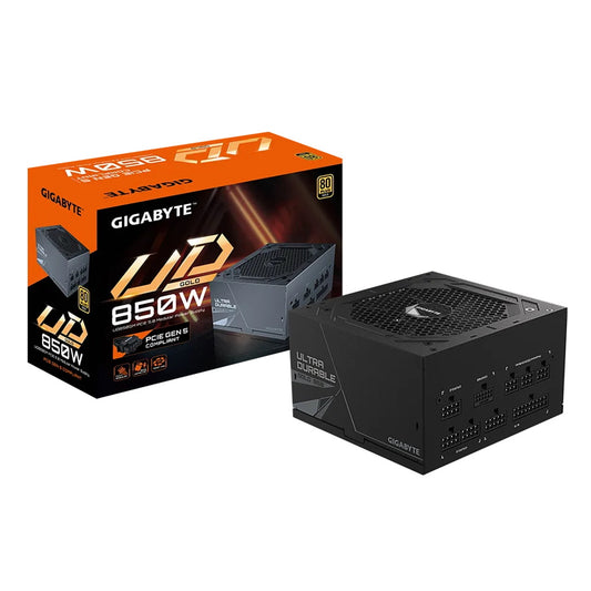 Gigabyte UD850GM PG5 850W PSU, 120mm Smart Hydraulic Bearing Fan, 80 PLUS Gold, Fully Modular, UK Plug, High-Quality Japanese Capacitors, ATX3.0, Support for PCIe Gen 5.0 Graphics Cards with High Quality Native 16-pin Cable - PC Gear UK