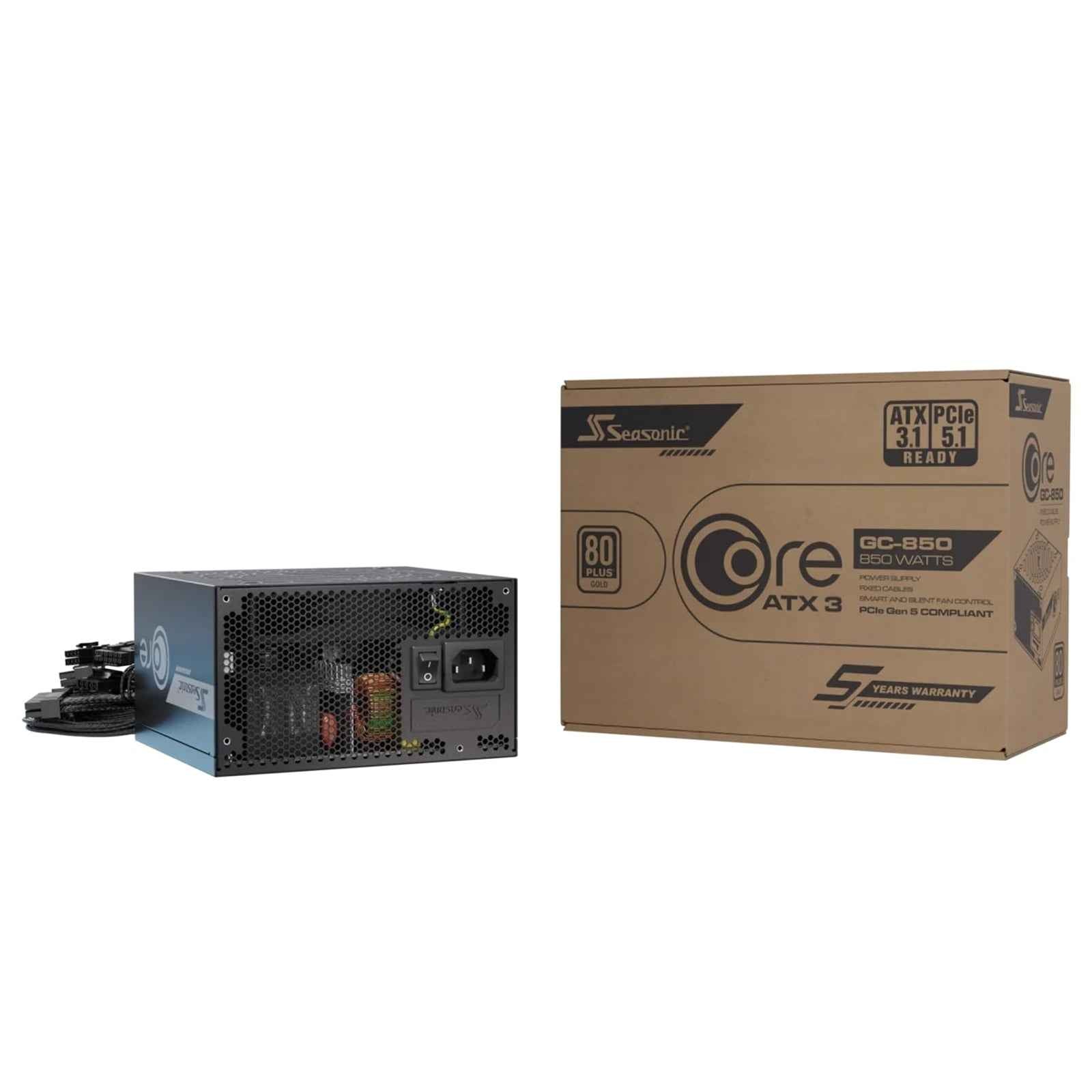 Seasonic CORE GC ATX 3.1  (SRP-CGC851-A5A32SF) 850W PSU, 120mm Fan, 80 PLUS Gold, Fully Modular, Individual Black Cables with Braided Pattern, 7 Years Warranty