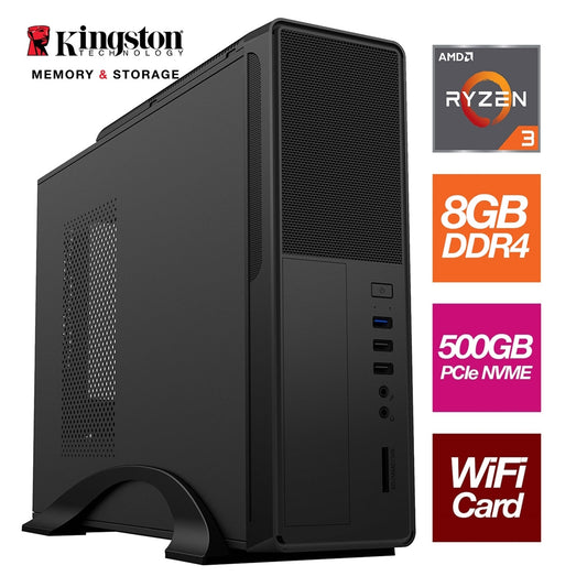 AMD Ryzen 3 3200G 4 Core 8 Threads 3.60GHz (4.00GHz Boost) 8GB Kingston DDR4 RAM, 500GB Kingston NVMe WiFi , - Small Form Factor Case - Pre-Built System - PC Gear UK