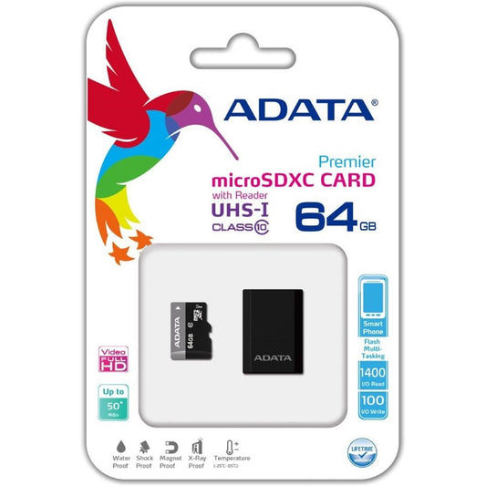 Adata Premier 64GB Micro SDHC UHS-I Class 10 Memory Card with Adaptor - PC Gear UK