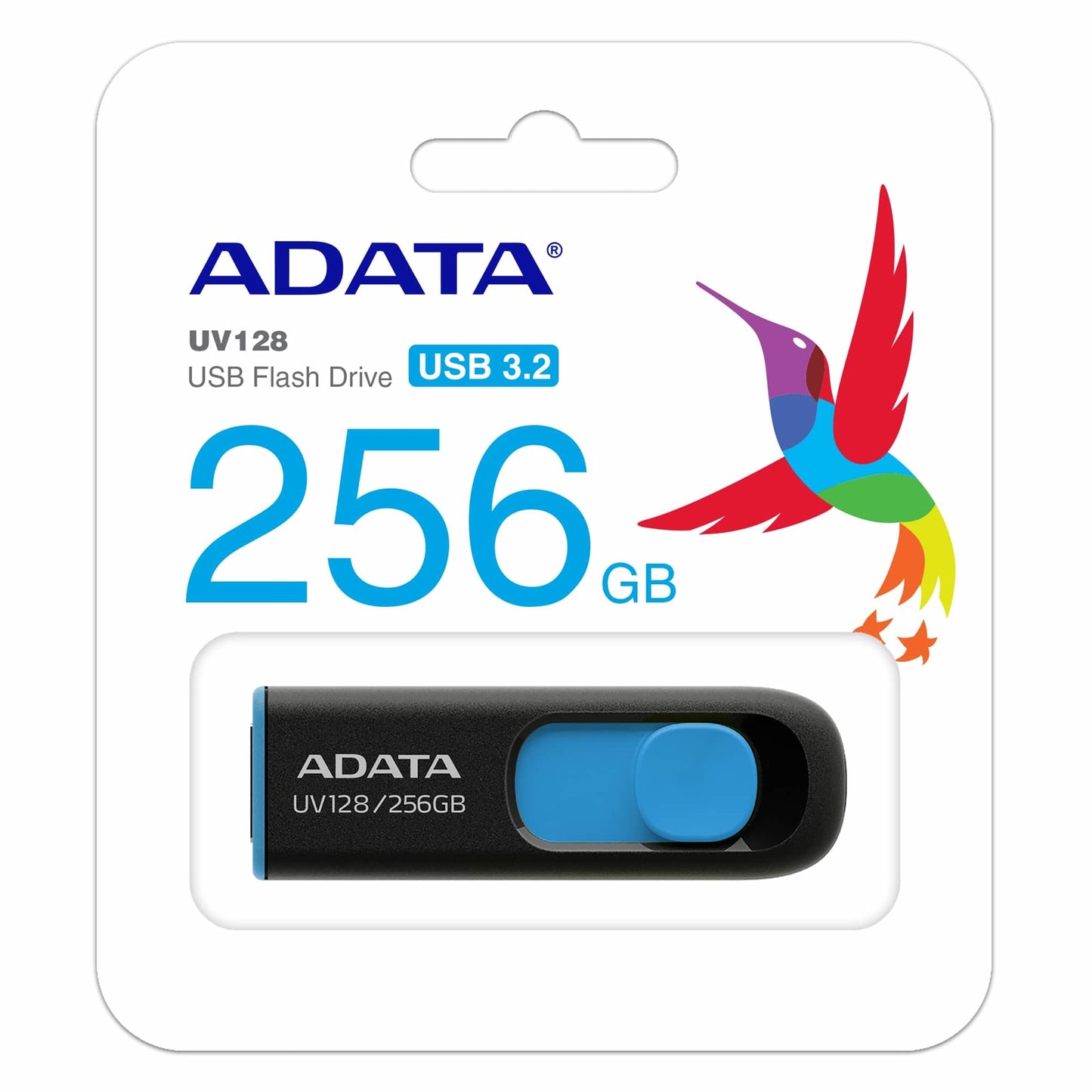 Adata, Adata DashDrive UV128 256GB USB 3.0 Flash Drive, Black and Blue, Capless