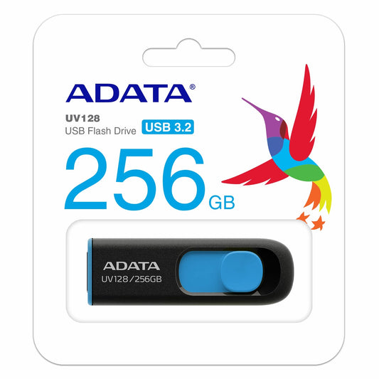 Adata, Adata DashDrive UV128 256GB USB 3.0 Flash Drive, Black and Blue, Capless