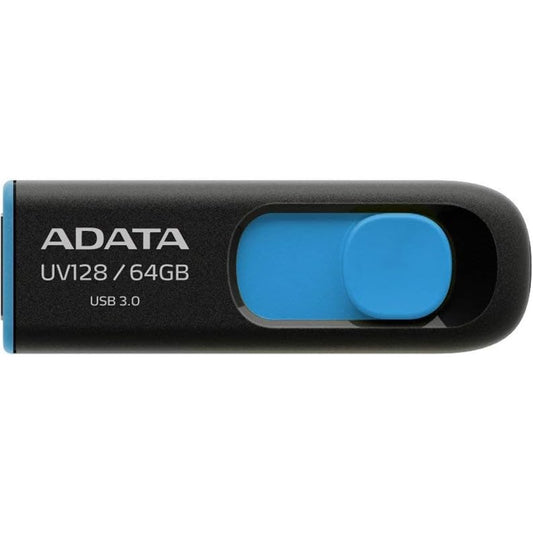 Adata UV128 64GB USB 3.2 Gen 1 Flash Drive, Capless Design, Black/Blue - PC Gear UK