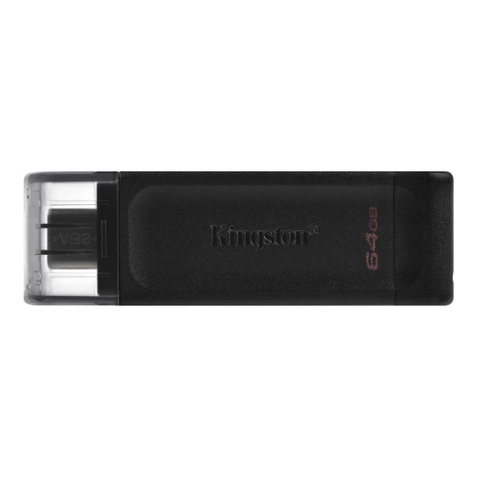 Kingston DT70/64GB DataTraveler 64GB USB Flash Drive, USB 3.2,  USB-C, Gen1, 80MB/s, Clear Cap, Black, Retail. - PC Gear UK