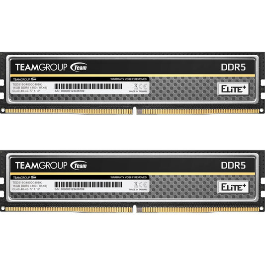 Team Elite Plus TPBD532G4800HC40DC01 32GB DIMM System Memory, DDR5, 4800MHz, 2 x 16GB, 288 Pin, 1.1v, CL40-40-40-77 - PC Gear UK