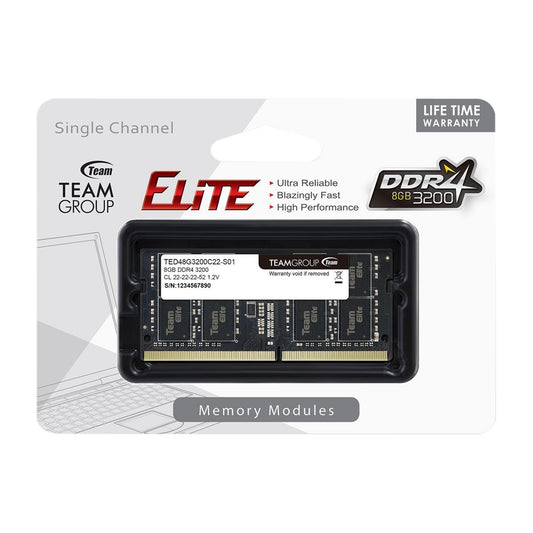 Team Elite TED48G3200C22-S01 8GB (1x 8GB) SODIMM System Memory, 3200MHz, DDR4, CL22