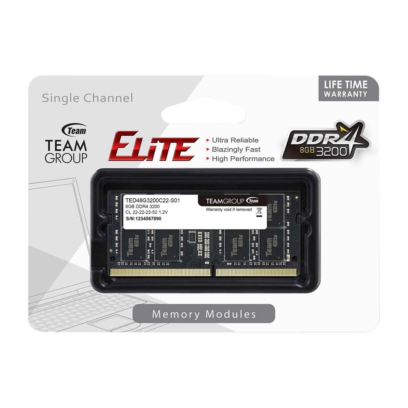 Team Elite TED48G3200C22-S01 8GB (1x 8GB) SODIMM System Memory, 3200MHz, DDR4, CL22
