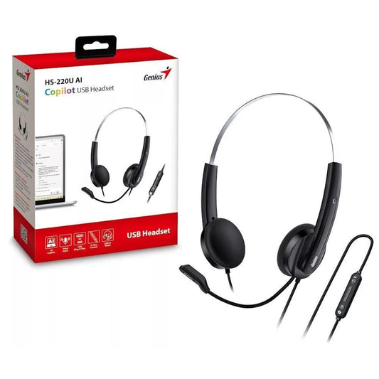 Genius HS-220U-C Copilot AI Ultra Lightweight Headset with Mic, USB-C Connection, Plug and Play, Adjustable Headband and microphone with In-line Volume Control, Black - PC Gear UK