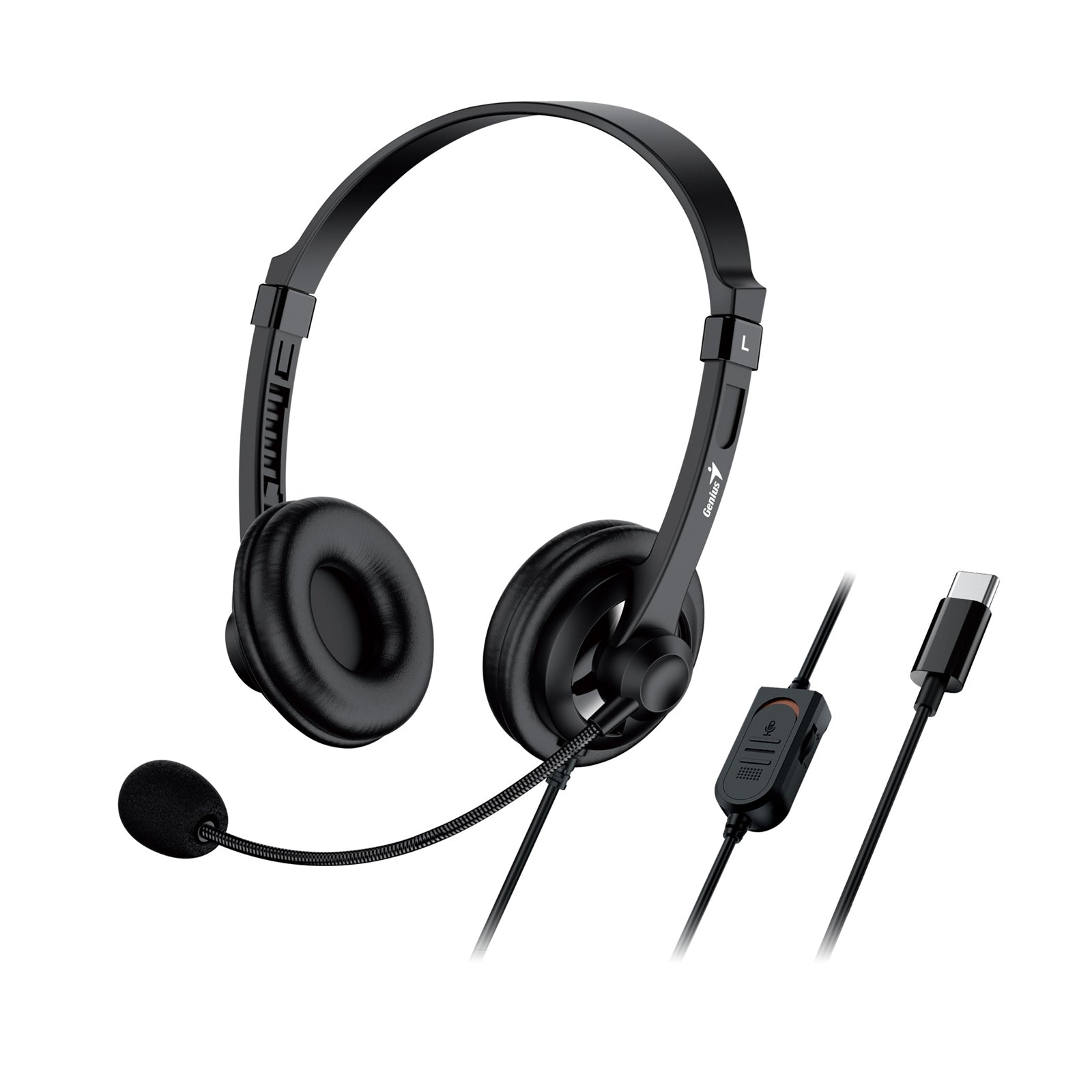 Genius HS-230U Headset with Mic, USB-C Connection, Plug and Play, Adjustable Headband and microphone with In-line Volume Control, Black - PC Gear UK