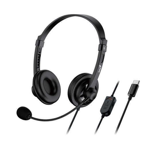 Genius HS-230U Headset with Mic, USB-C Connection, Plug and Play, Adjustable Headband and microphone with In-line Volume Control, Black - PC Gear UK