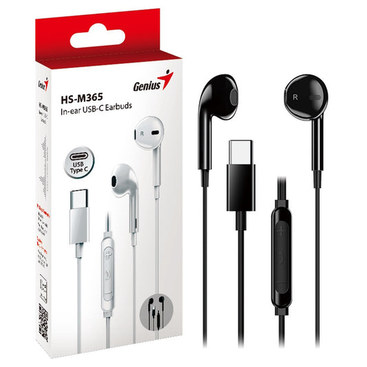 Genius HS-M365B USB-C In-Ear Wired Earbuds with In-Line Microphone and Volume Controls Black - PC Gear UK