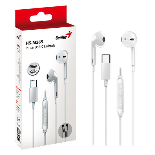 Genius HS-M365W USB-C In-Ear Wired Earbuds with In Line Microphone and Volume Controls White - PC Gear UK